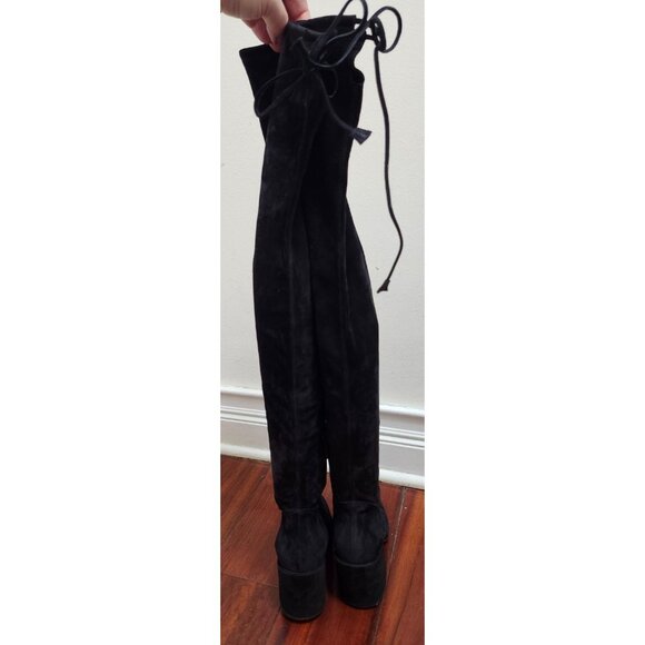Aquatalia Women’s 6 Black Suede Over The Knee Boots Made in Italy Block Heel Tie - Picture 8 of 16